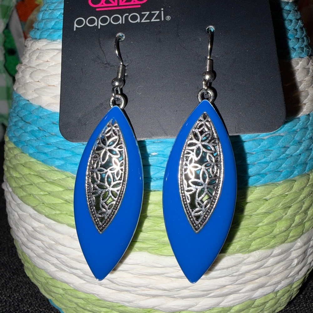 Paparazzi Vibrant Blue and Silver Leaf Earrings